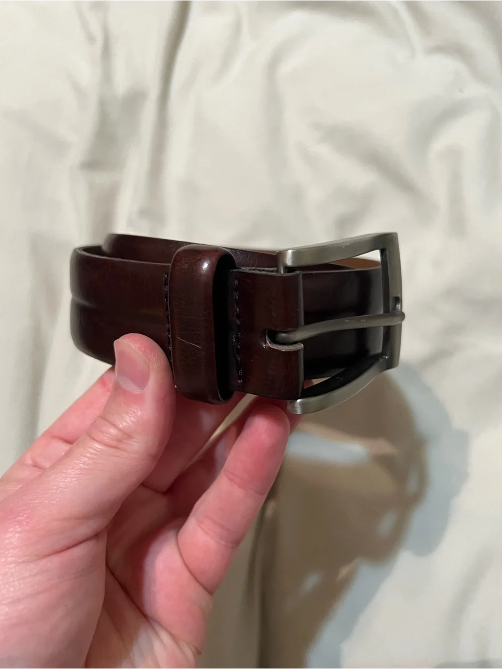 Bosca Deep Brown Leather Belt with Brushed Silver Buckle